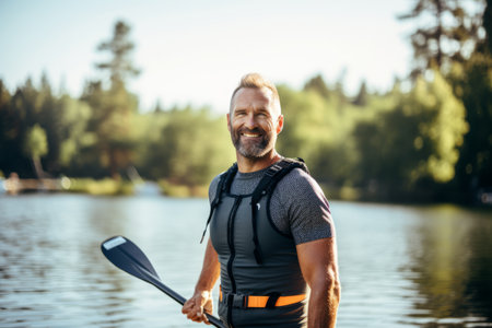 Portrait of a smiling man in a life jacket with a paddle on a lakeの素材