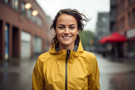 Portrait of a smiling young woman in a yellow raincoat standing in the rain.の素材
