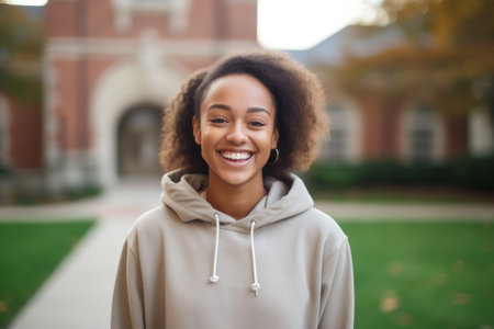 Portrait of a smiling young african american woman in hoodie outdoorsの素材