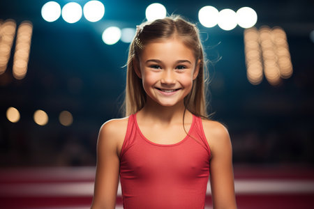 sport, fitness, technology and people concept - smiling sporty girl in red top over gym lights backgroundの素材
