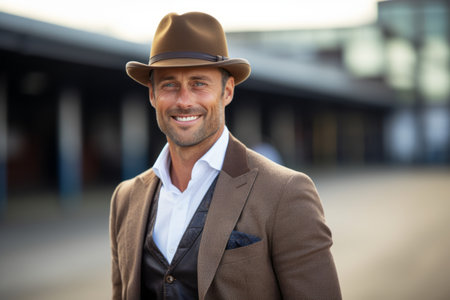 Portrait of smiling businessman in suit and hat standing at railway stationの素材