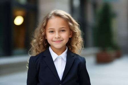 business, education and school concept - smiling little schoolgirl in suit outdoorsの素材