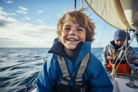 Smiling boy on the deck of a sailing yacht in the seaの素材