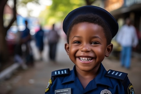 Portrait of smiling african american boy in police uniform outdoorsの素材