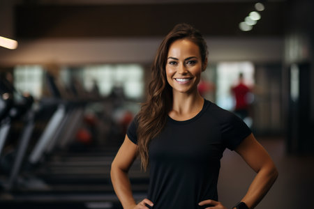 Portrait of a smiling young woman standing with hands on hips at the gymの素材