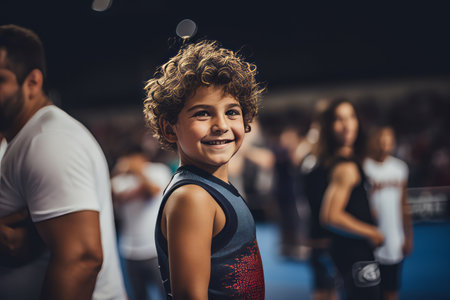 Portrait of smiling boy looking at camera while standing in boxing ringの素材