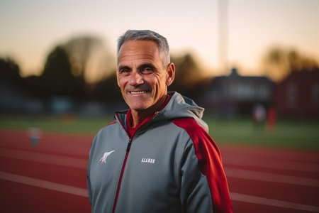 Portrait of happy senior man standing on stadium track during sunset.の素材