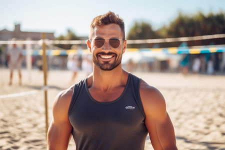 Handsome young man in sportswear and sunglasses on the beachの素材