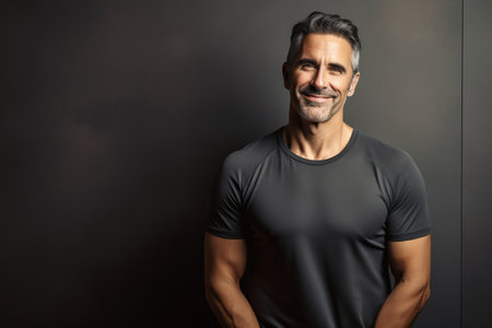 Portrait of a handsome middle-aged man in a black T-shirt.の素材