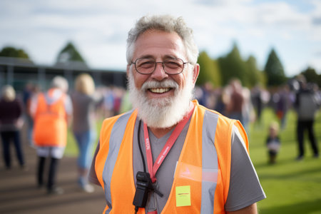 Portrait of senior man with gray hair and eyeglasses, wearing orange vest and reflective vest, standing in front of a group of people.の素材