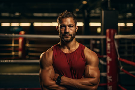 Handsome young muscular man in red sportswear posing in boxing ringの素材