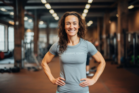 Portrait of smiling young woman standing with hands on hip in gymの素材