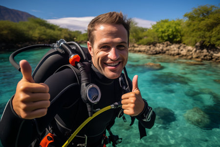 Young man scuba diver showing thumbs up in a tropical lagoonの素材