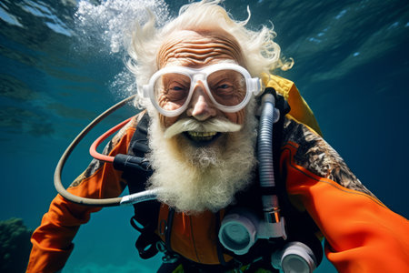 Portrait of happy senior man diver looking at camera while swimming underwaterの素材