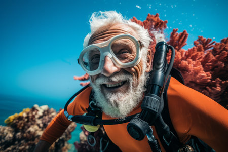 Senior man scuba diver with mask and flippers on coral reef.の素材