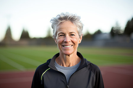Portrait of smiling senior woman standing on sports field during sunny dayの素材