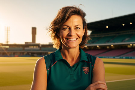 Portrait of a smiling woman in a soccer shirt on a stadiumの素材