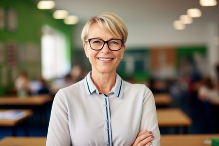 education, high school, gesture and people concept - smiling teacher in eyeglasses with crossed arms over classroom backgroundの素材