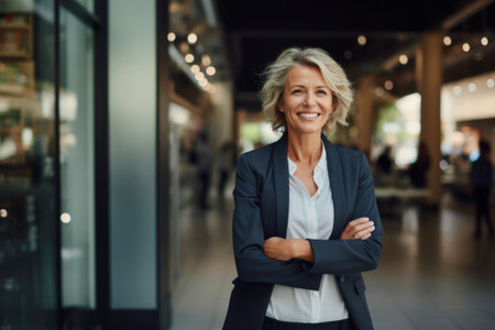 Portrait of smiling senior businesswoman standing with arms crossed in officeの素材