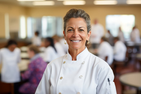 Portrait of smiling female chef standing in conference room at convention centerの素材
