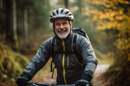 Portrait of senior man riding bicycle in autumn forest. Active lifestyle concept.の素材