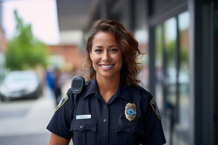 Portrait of a female police officer smiling at the camera in the streetの素材