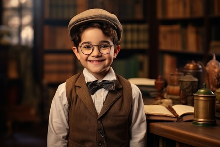 Cute little boy in beret and eyeglasses standing in libraryの素材
