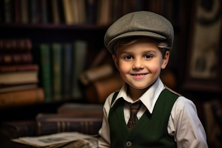 Portrait of a cute little boy in a cap and suspenders. Educational concept.の素材