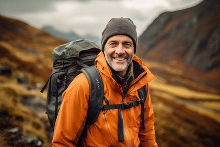 Senior man hiking in the mountains with backpack. Lifestyle portrait of senior man outdoors.の素材