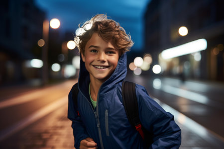 Portrait of a smiling boy with backpack on the street at nightの素材