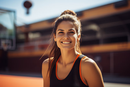 Portrait of a smiling sportswoman in sportswear at the stadiumの素材