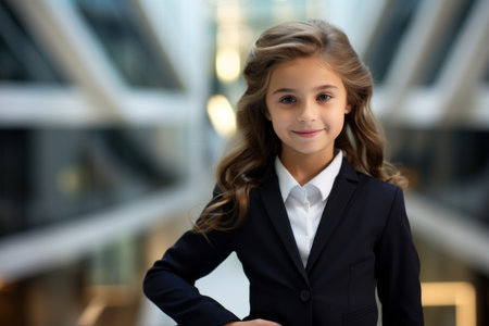 Portrait of a cute little girl in a business suit. Select focus.の素材