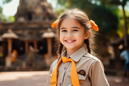 Portrait of cute asian girl in scout uniform smiling at cameraの素材