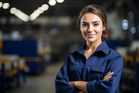 Portrait of confident female warehouse worker standing with arms crossed in warehouseの素材