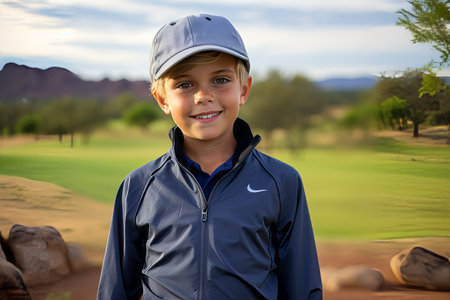 Portrait of a smiling boy standing on a golf course at sunsetの素材