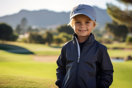Portrait of smiling boy standing with hands on hip on golf courseの素材