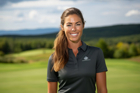 Portrait of a smiling female golfer standing on a golf courseの素材