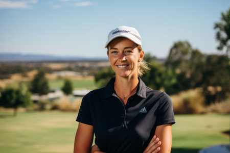 Portrait of smiling female golfer standing with arms crossed on golf courseの素材