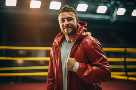 Handsome young boxer in red jacket is posing in boxing ring.の素材
