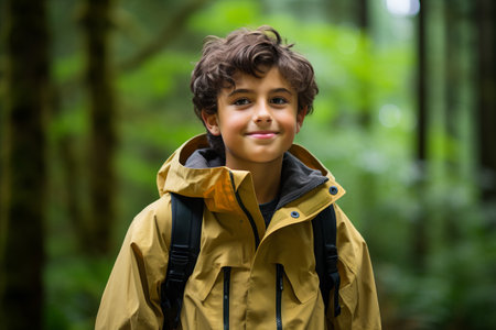 Portrait of a boy in a raincoat looking at camera in the forestの素材