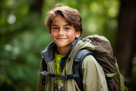 Portrait of cute boy with backpack looking at camera in the forestの素材