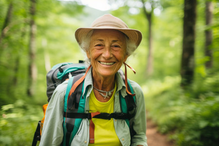Portrait of smiling senior woman with backpack and hat standing in forestの素材