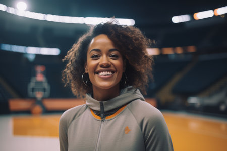 Portrait of smiling african american woman in sportswear looking at cameraの素材