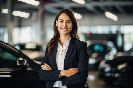 Portrait of a young businesswoman standing with arms crossed in car showroomの素材