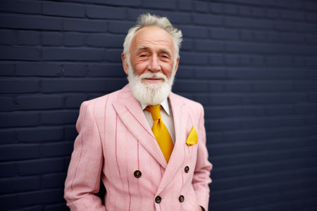 portrait of senior man in pink suit with white beard against blue wallの素材