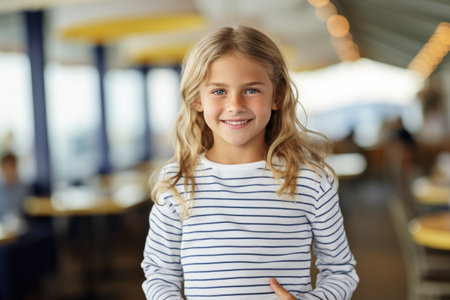 Portrait of smiling little girl standing in cafe at the day timeの素材