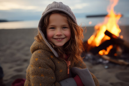Adorable little girl sitting by bonfire on beach at autumn dayの素材