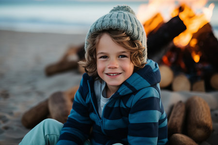 Portrait of smiling boy sitting near bonfire at beach during autumn dayの素材