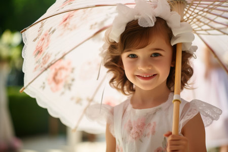 Cute little girl with umbrella outdoors on sunny day. Summer vacationの素材