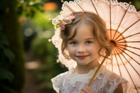 Portrait of a beautiful little girl with an umbrella in the gardenの素材